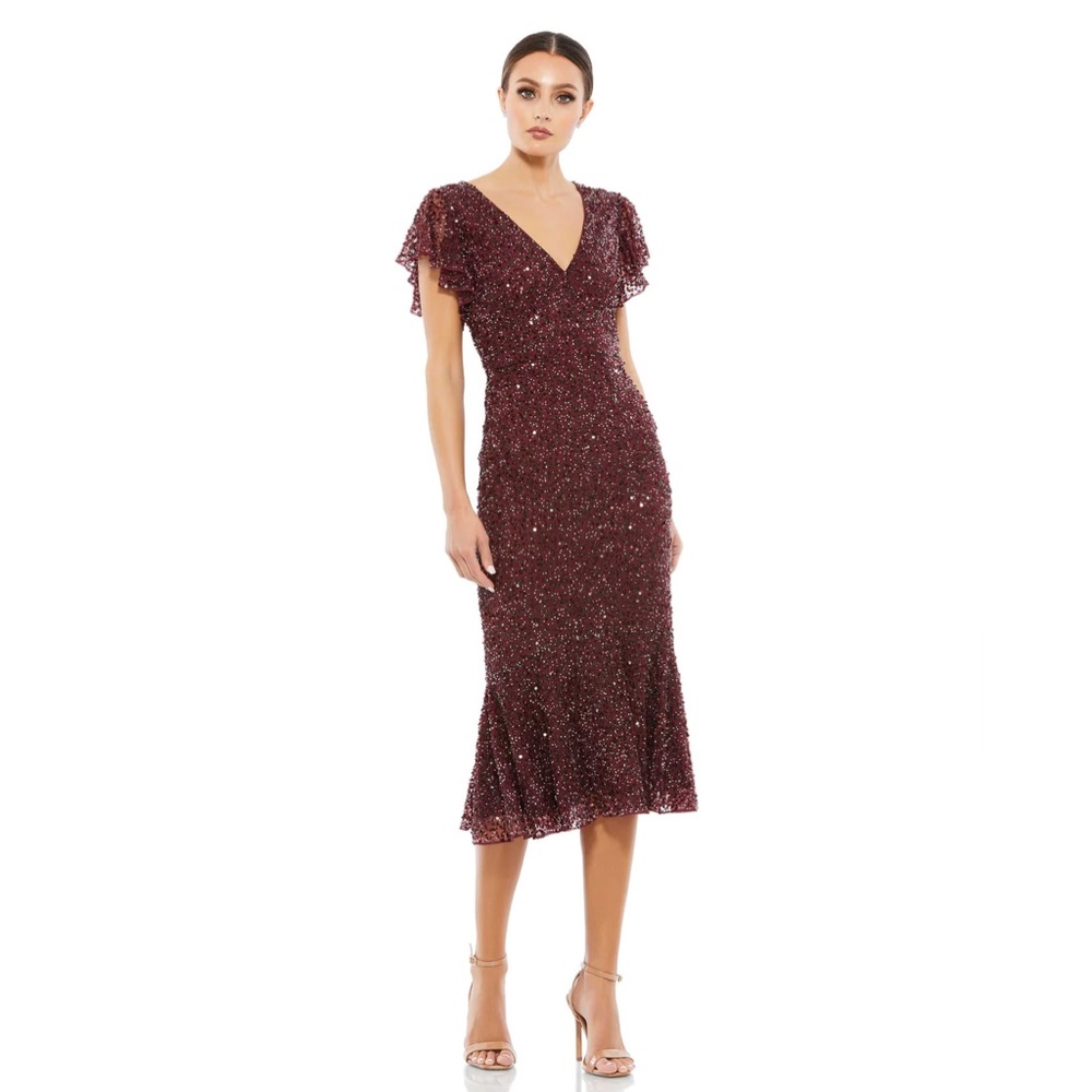 Mac Duggal Sequin V Neck Flutter‎ Cap Sleeve Trumpet Dress Garnet NWT